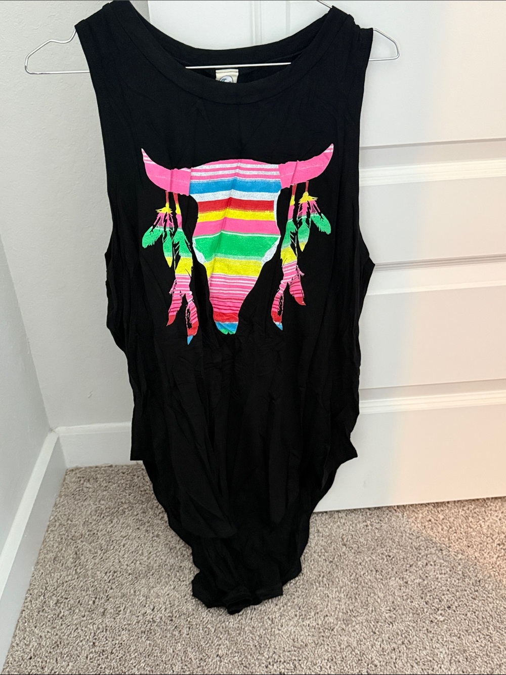 Black Tank Top with Neon Southwestern Skull Graphic